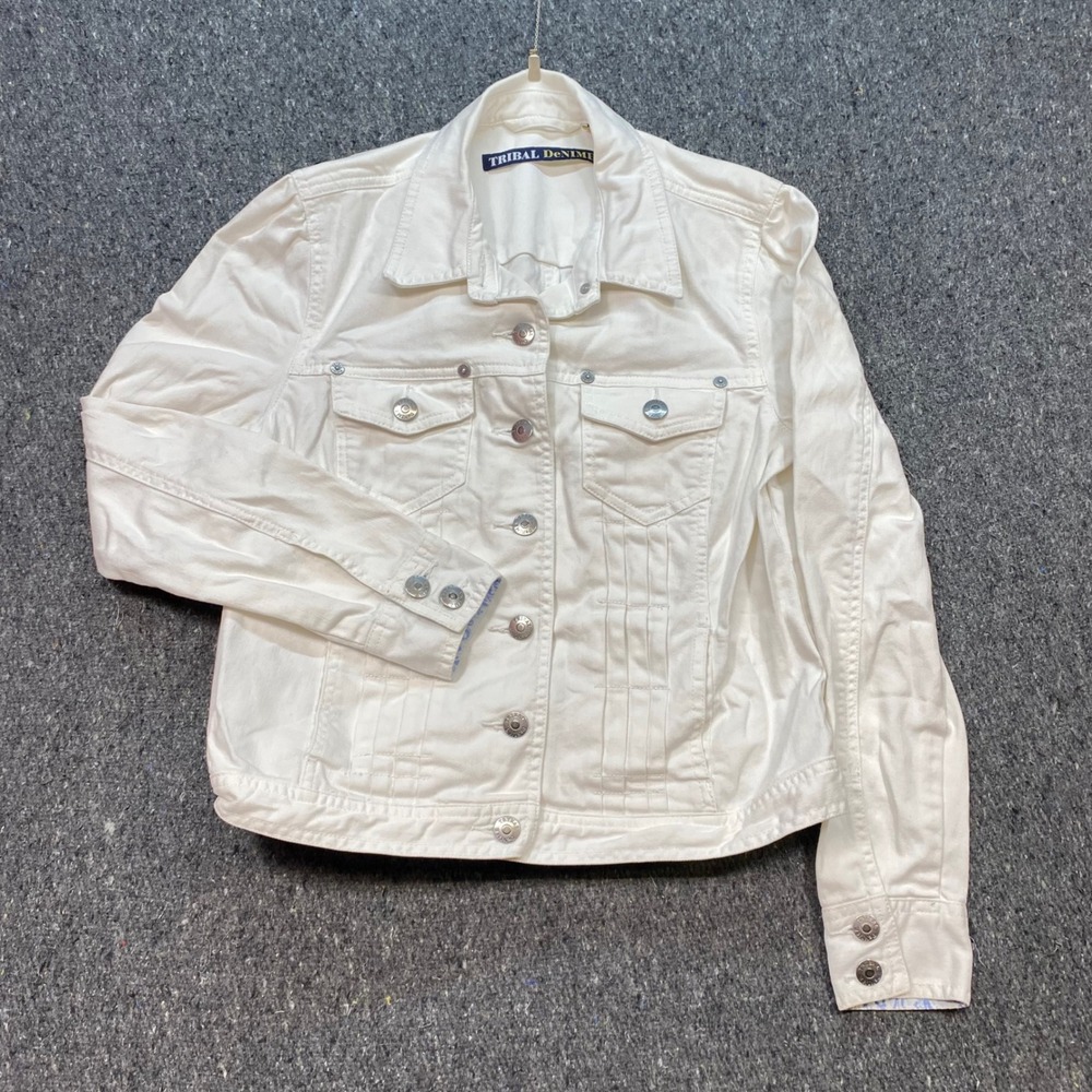 Tribal Denim Jacket Sz M Womens White Streetwear Pleated Detail Trucker Coat